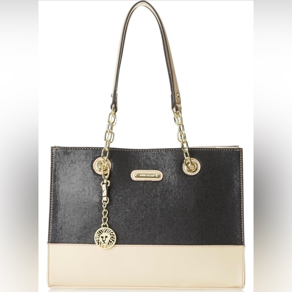 Anne Klein Women Full Bloom Large Tote Purse Ivory/Black NEW Gold Hardware